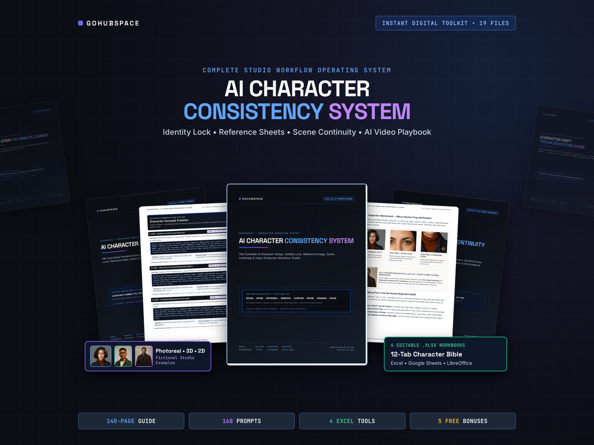 AI Character Consistency System: 140p Guide, 168 Prompts, Excel Character Bible, Reference Sheet & AI Video Continuity Workflow Toolkit