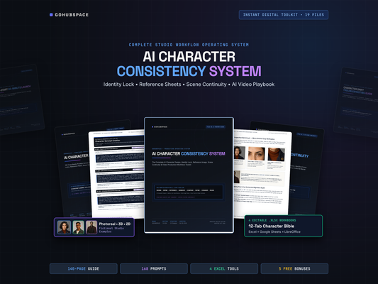 AI Character Consistency System: 140p Guide, 168 Prompts, Excel Character Bible, Reference Sheet & AI Video Continuity Workflow Toolkit